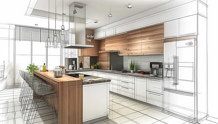image of a full kitchen being renovated and teh digital renderings that are drawn to create a custom-designed space