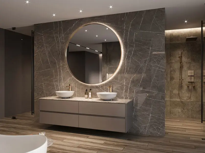 Bathroom with layered lighting and LED mirrors – Edmonton home