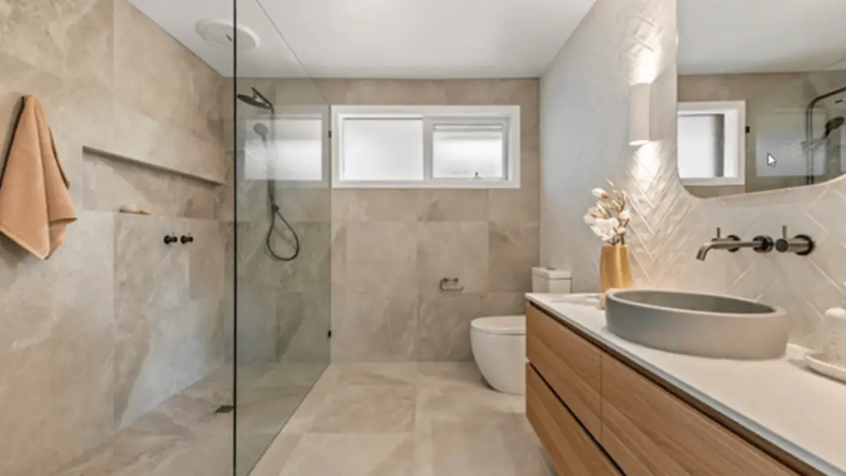 Modern bathroom with dual vanity and walk-in shower – Edmonton home