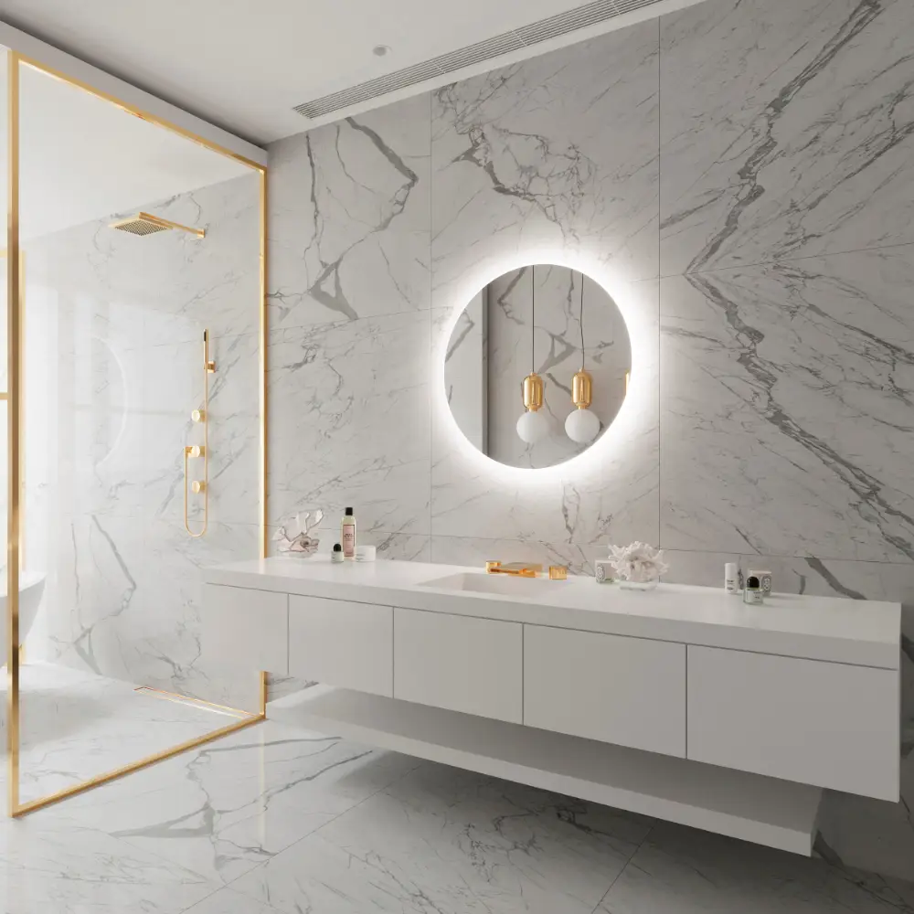 Completed ensuite bathroom with backlit mirrors – Spruce Grove project