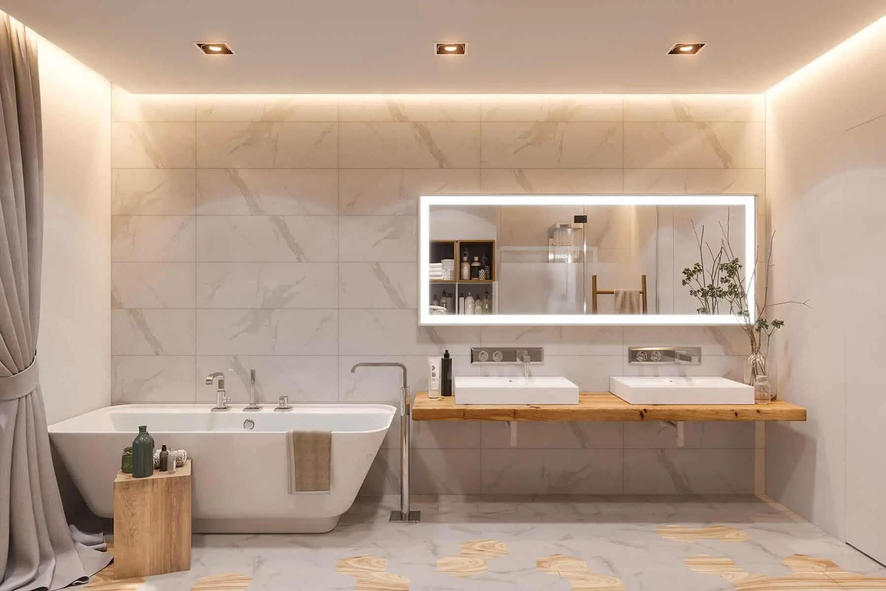 Finished bathroom with ambient and task lighting – Spruce Grove project